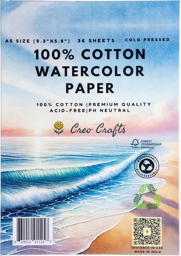 Creo Crafts Papel de acuarela 100% algodón de 8 x 5 pulgadas, 36 hojas, A5, prensado en frío, sin ácidos, pH neutro, papel prémium de grado