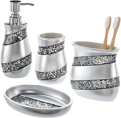 Creative Scents Juego de accesorios de baño plateado - Juego de dispensador de jabón de baño de vidrio mosaico; juego de baño de 4 piezas incluye: