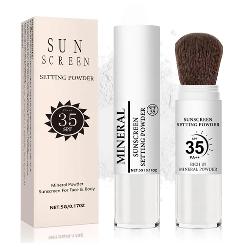 Polvo fijador de protector solar mineral, SPF 35 translúcido suelto para cara y cuero cabelludo, polvo de cepillo mineral, acabado mate natural para