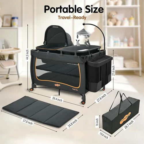 Miniatura 9 de Pamo Babe Paquete de bebé 6 en 1 y juego con moisés – Cuna de viaje de configuración de un solo paso, pequeño corralito portátil para bebés, cuna