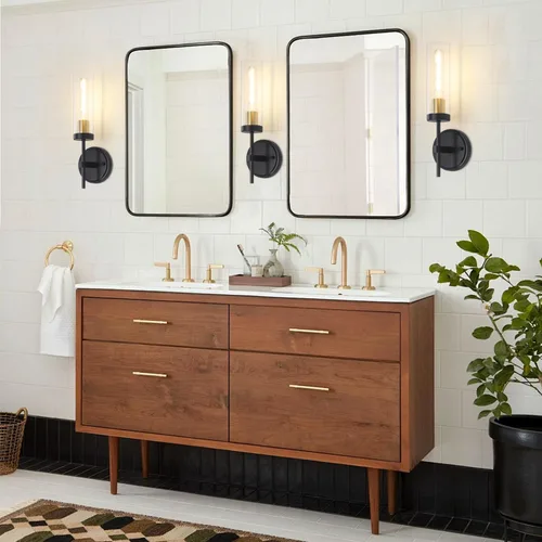 Miniatura 2 de Juego de 2 apliques de pared modernos, luces de tocador de baño negras y doradas con vidrio transparente, juego de 2 apliques de pared con cableado
