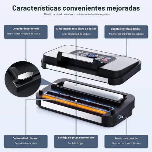 Miniatura 7 de Sellador al vacío Precision Pro de 95 Kpa, con doble sellado térmico y bomba doble para alimentos secos/húmedos, 2 veces más fuerza, máquina