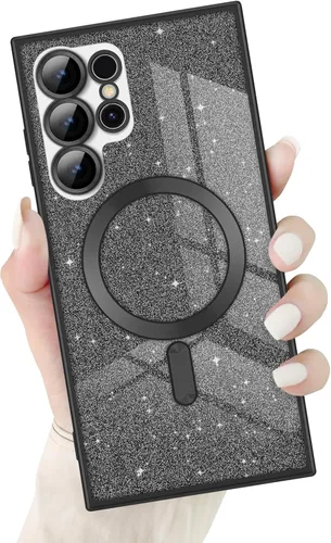 Newseego Funda ultra magnética para Samsung Galaxy S22, funda de lujo con purpurina para mujeres y niñas, protección completa de la lente de la Negro