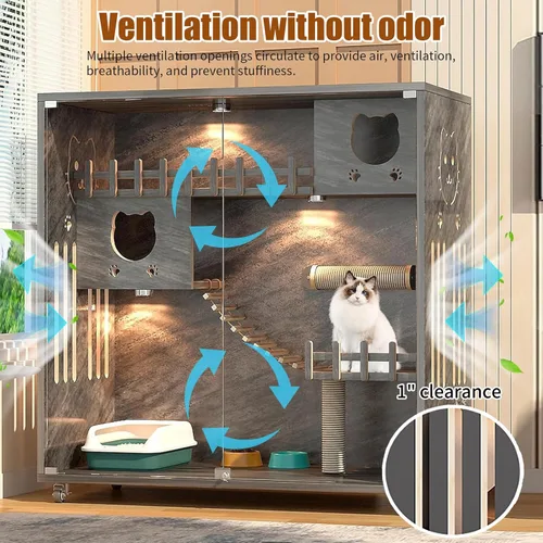 Miniatura 4 de Condominio cerrado para gatos, jaula para gatos de gran espacio con poste rascador, recinto de madera para gatos para interiores y exteriores, casas