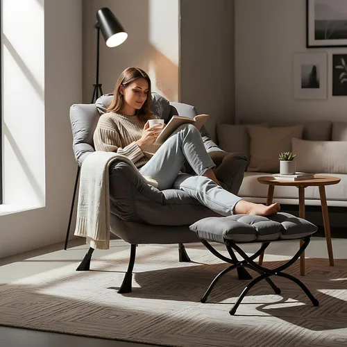 Miniatura 2 de Welnow - Silla perezosa con otomana, moderna silla de descanso con reposabrazos y bolsillo lateral, sillón de sofá tapizado de ocio, sillón de Gris