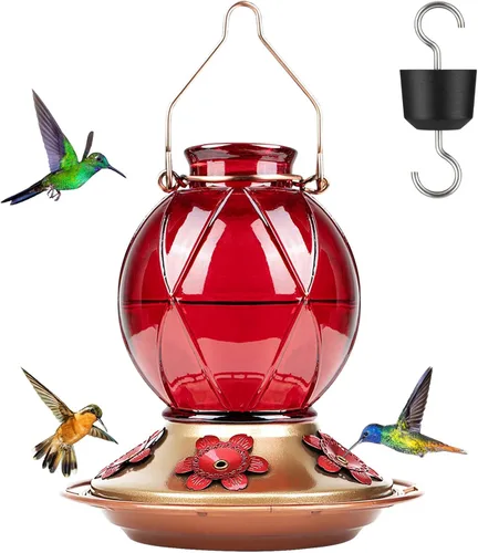 Miniatura 9 de BOLITE Comederos para colibríes para exteriores colgantes, comedero de vidrio para colibríes, comedero para aves silvestres con cinco puertos de azul
