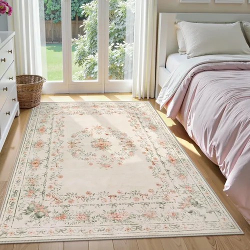Miniatura 4 de Wonnitar Alfombra lavable con lazo floral de 5 x 7 pies, ultrafina, color beige, para dormitorio, alfombra bohemia que no se desprende, neutra