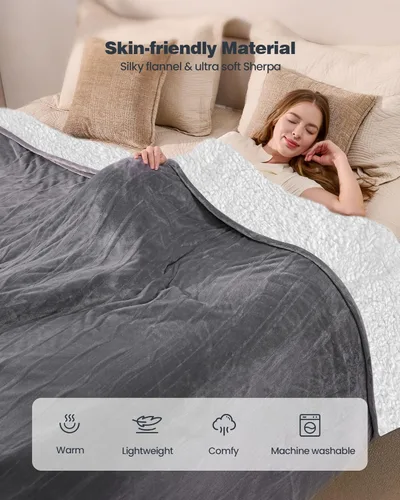 Miniatura 2 de Yokimisu Manta eléctrica King - Manta térmica suave, doble control y 9 niveles de calor, temporizador de 10 horas, franela suave a sherpa, manta
