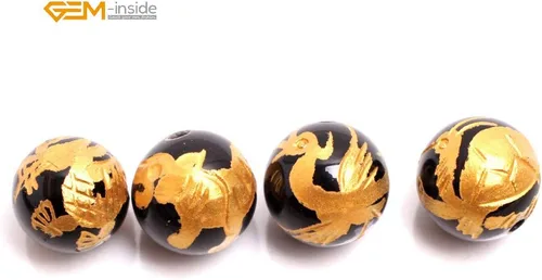 Miniatura 2 de GEM-Inside - Cuentas sueltas de ágata negra natural de 0.472 pulgadas (0.472 in), cuentas redondas de tortuga Xuanwu Zhuque Phonix, Baihu, tigre