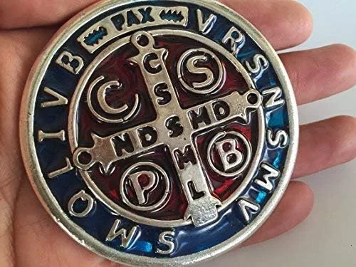Miniatura 3 de Medalla Jubilar de 3 pulgadas en tono plateado con esmalte azul y rojo de San Benito Cruz JubiléMedalla San Benito 3" Medalla Jubilar, porcelana