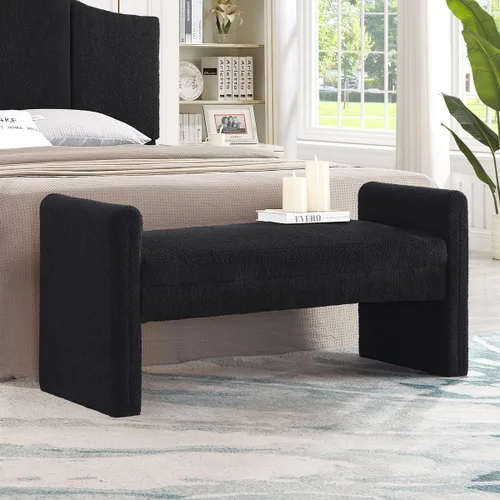 24KF Banco de Cama Tapizado Moderno Cubierto con Suave Tela Boucle Teddy, Hermoso Banco Otomano de Entrada con Reposabrazos, 5062-Negro