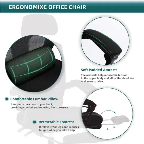 Miniatura 8 de Silla ergonómica de oficina, silla de escritorio de malla con respaldo alto para computadora con soporte lumbar y ruedas, silla giratoria ajustable