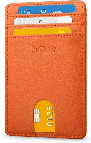 Miniatura 29 de Buffway Billetera delgada para hombre, minimalista con bolsillo frontal delgado, tarjetero de cuero con bloqueo RFID para viajes de trabajo