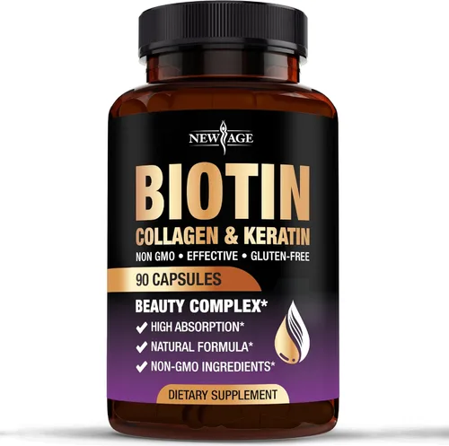 NEW AGE Biotina Colágeno Queratina Ácido Hialurónico - 50,000mcg Vitaminas para el Crecimiento del Cabello para Hombres y Mujeres, Uñas, Cabello,