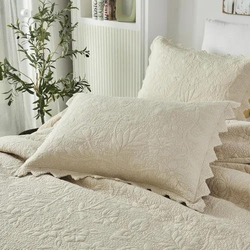 Miniatura 5 de Brandream Queen Size Quilt Set Cotton Beige Quilts Luxury Farmhouse Bedding Set Matelasse Coverlet Scalloped Quilt Set 3-Piece