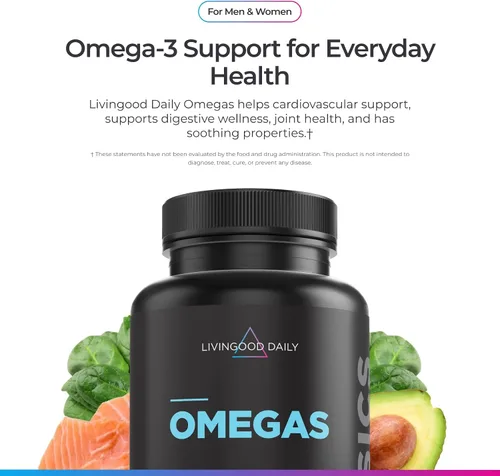 Miniatura 2 de Livingood Daily Suplemento Omega 3 de aceite de pescado, EPA y Dha de pescado capturado silvestre, ácidos grasos Omega 3 para la salud del corazón