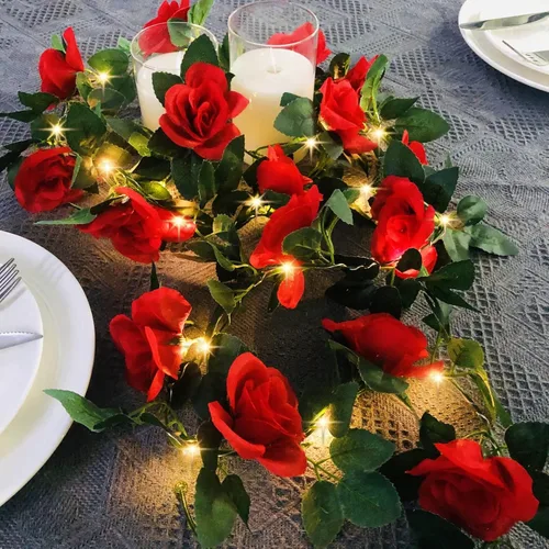 Miniatura 4 de Guirnalda de luces artificiales de vid de rosas de 7.5 pies, funciona con pilas, guirnalda de flores de rosas para San Valentín, boda, dormitorio
