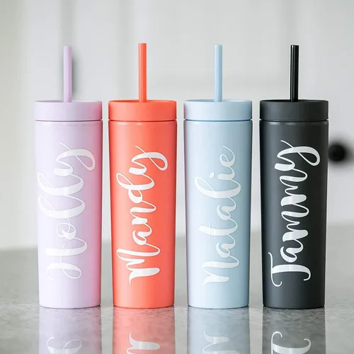 Miniatura 8 de STRATA CUPS Vasos delgados multicolor con tapas y popotes (paquete de 12) - Vaso acrílico de doble pared de 16 onzas, vasos delgados mate altos, a
