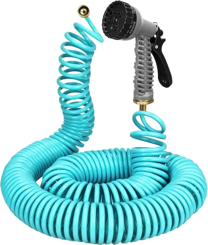 Miniatura 9 de Manguera de jardín enrollada ligera de 25 pies 3/8" EVA flexible con 7 boquillas multifunción y conectores de latón para riego de jardín, plantas