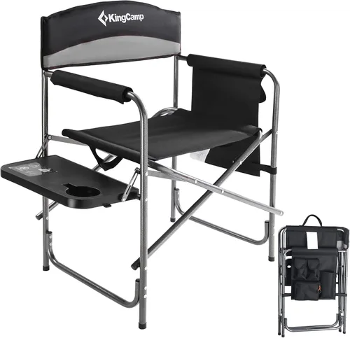 KingCamp Silla de directores de camping con mesa auxiliar, portavasos y bolsillo lateral para adultos, silla plegable resistente, soporta 396 libras