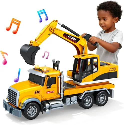 Miniatura 9 de SMILESSKIDDO Juguetes para niños pequeños de 3, 4, 5, 6 años, camión de remolque grande de fricción 1:12 con luz y sonido, coche deportivo y señales