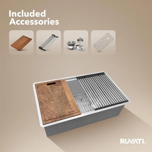 Miniatura 3 de Ruvati - RVH8570 - Fregadero de cocina calibre 16 de 27 in con estación de trabajo, drenaje desplazado y superficie inferior inclinada