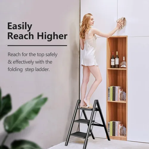 Miniatura 2 de SOLADDER Escalera plegable de 3 escalones, taburete pequeño para adultos, escalera de hierro antideslizante portátil con pedales anchos para uso