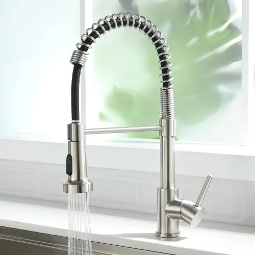 Miniatura 17 de Grifo de cocina con rociador LED, grifo de fregadero de cocina de una sola manija con rociador extraíble, muelle y luz LED de níquel cepillado