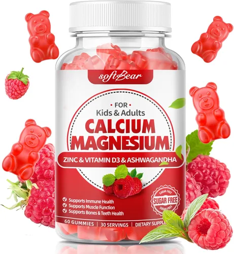 softbear Gomitas de calcio y magnesio y zinc para mujeres, suplemento de calcio y magnesio con vitamina D3 para fortalecer los huesos, veganas/sin