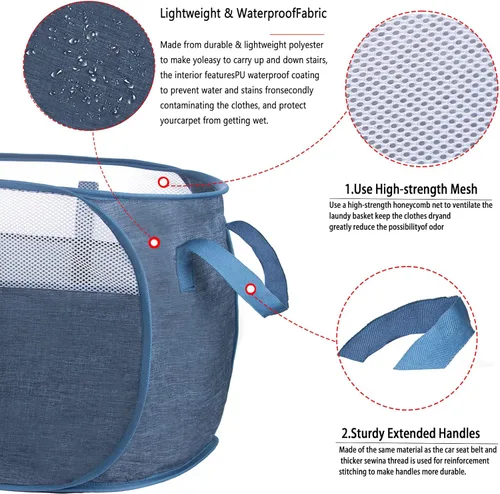 Miniatura 6 de MOOMASS Cesta de lavandería plegable, de malla, con correas extendidas para los hombros, asas resistentes y tela catiónica de primera calidad (azul)