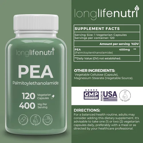 Miniatura 2 de LongLifeNutri Palmitoiletanolamida 400 mg + Uridina 300 mg Bundle - 120 + 120 cápsulas vegetarianas, suministro para 4 meses, molestias