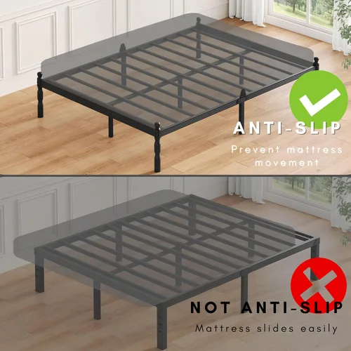 Miniatura 7 de ZIYOO Marco de cama Queen de metal de 14 pulgadas con estilo vintage, tope deslizante para colchón, listones de acero resistente de 1500 libras,
