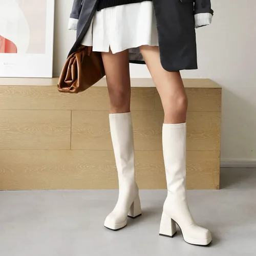 Miniatura 4 de SO SIMPOK Botas altas de tacón grueso para mujer, con punta cuadrada, botas góticas, botas de combate para equitación, botas Gogo