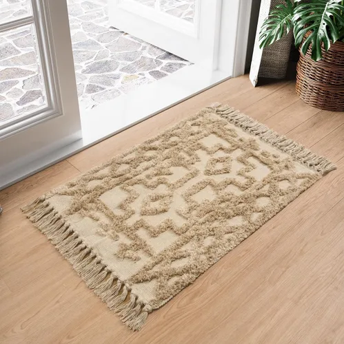 Miniatura 13 de Uphome Alfombra bohemia para pasillo de 2 x 6 pies, color beige, de algodón, lavable, con borlas, tejida a mano, alfombra de pasillo occidental