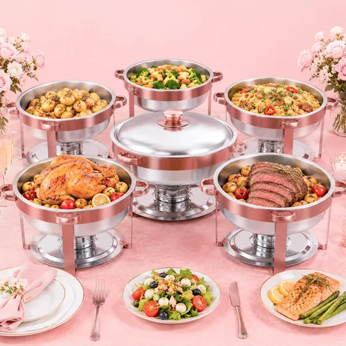 Miniatura 16 de IMACONE Juego de Bandejas Calentadoras de Buffet 4 Piezas, 5QT Redondas de Acero Inoxidable con Tapa de Vidrio para Catering, Conjuntos