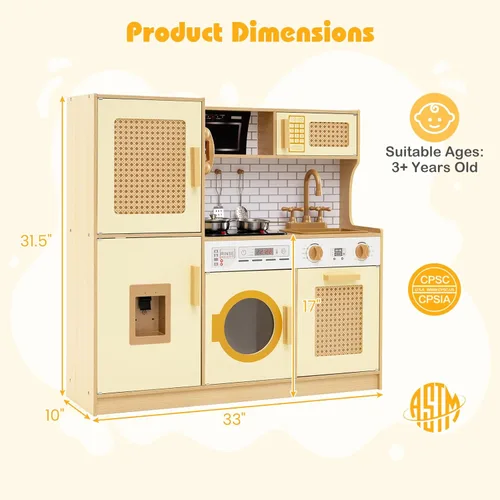 Miniatura 3 de HONEY JOY Cocina de Juguete de Madera con Diseño de Ratán, Juego de Cocina de Juguete para Niños Pequeños, Estufa con Luces y Dispensador de Agua