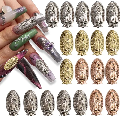 Dijes de uñas de Virgen María en relieve 3D – Diamantes Virgen De Guadalupe Diamonds Nail Art Charms, accesorios de arte de uñas de metal para