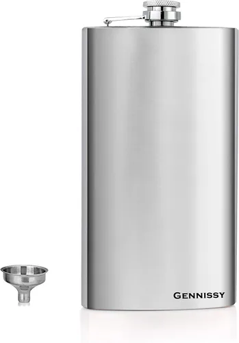 GENNISSY - Petaca de 10 onzas para licor de acero inoxidable 304 color plateado, a prueba de fugas con embudo y tapa que nunca se pierde, regalo