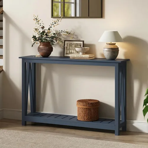 Miniatura 10 de ChooChoo Mesa de Consola para Entrada, Mesas de Sofá para Sala de Estar Estilo Granja, Mesa Estrecha para Pasillo y Vestíbulo con Estante, Negro