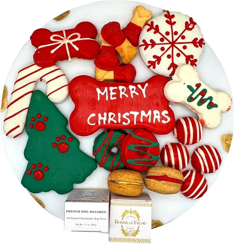 Bonne et Filou - Bocadillos navideños para perros, caja de regalo gourmet de lujo, 18 macarrones diseñados a mano, trufas y galletas de hueso,