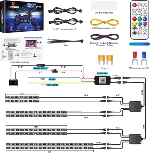 Miniatura 6 de 8 piezas de kit de luces LED para motocicleta Chasing Dreamcolor con/APP/control remoto RF, señal de giro y freno, tira de luces LED subterráneas