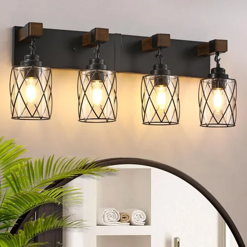 Miniatura 10 de Accesorios de iluminación de baño de granja, lámpara de tocador de baño de 3 luces con pantalla de metal y vidrio, accesorios de iluminación