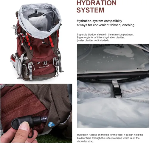 Miniatura 4 de MOUNTAINTOP Mochila de marco interno de 80L para hombre y mujer Mochila de senderismo con cubierta de lluvia Granate-80l