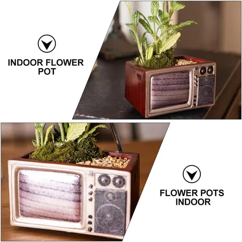 Miniatura 4 de POPETPOP Maceta retro para TV, macetas retro de 4.65 pulgadas para plantas de interior, maceta decorativa de resina creativa para suculentas