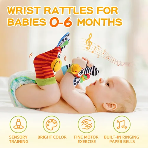 Miniatura 4 de Juguetes de bebé PHEZAPPA 0-6 meses, juego de calcetines con sonajero de muñeca y sonajero de pie, calcetines con sonajero para bebés y sonajeros