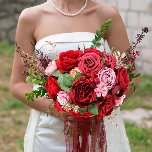 Miniatura 3 de AmyHomie Flores Artificiales Rojas Combo Mezcla de Seda Peonía Rosa Flores Falsas con Tallo para el Día de San Valentín DIY Ramos de Boda Centros