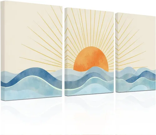 Juego de 3 lienzos enmarcados con diseño bohemio de rayos de sol, pintura geométrica neutra sobre el mar, pintura minimalista para el hogar, sala de