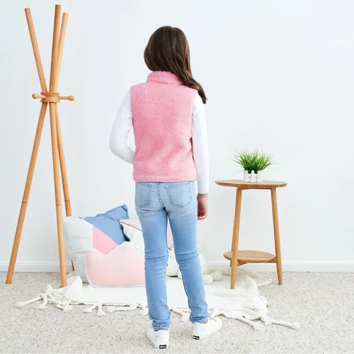 Miniatura 3 de JESKIDS Chaleco de forro polar Sherpa para niñas, ligero, color liso, linda chaqueta con bolsillos, 2-11 años