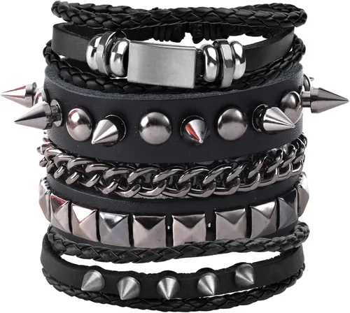 Miniatura 19 de Eigso Pulseras de cuero punk rock para hombres y mujeres, estilo retro, vintage, cadena de los años 80, para hombre y mujer