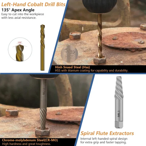 Miniatura 5 de Juego de 49 piezas de extractores de tornillos y pernos con juego de brocas de taladro levógiras, herramientas extractoras Multi-Spline de fácil